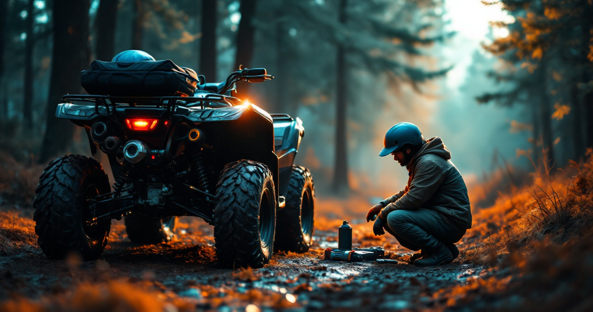 Pre-ride ATV inspection beside a forest trail with tire and front suspension check