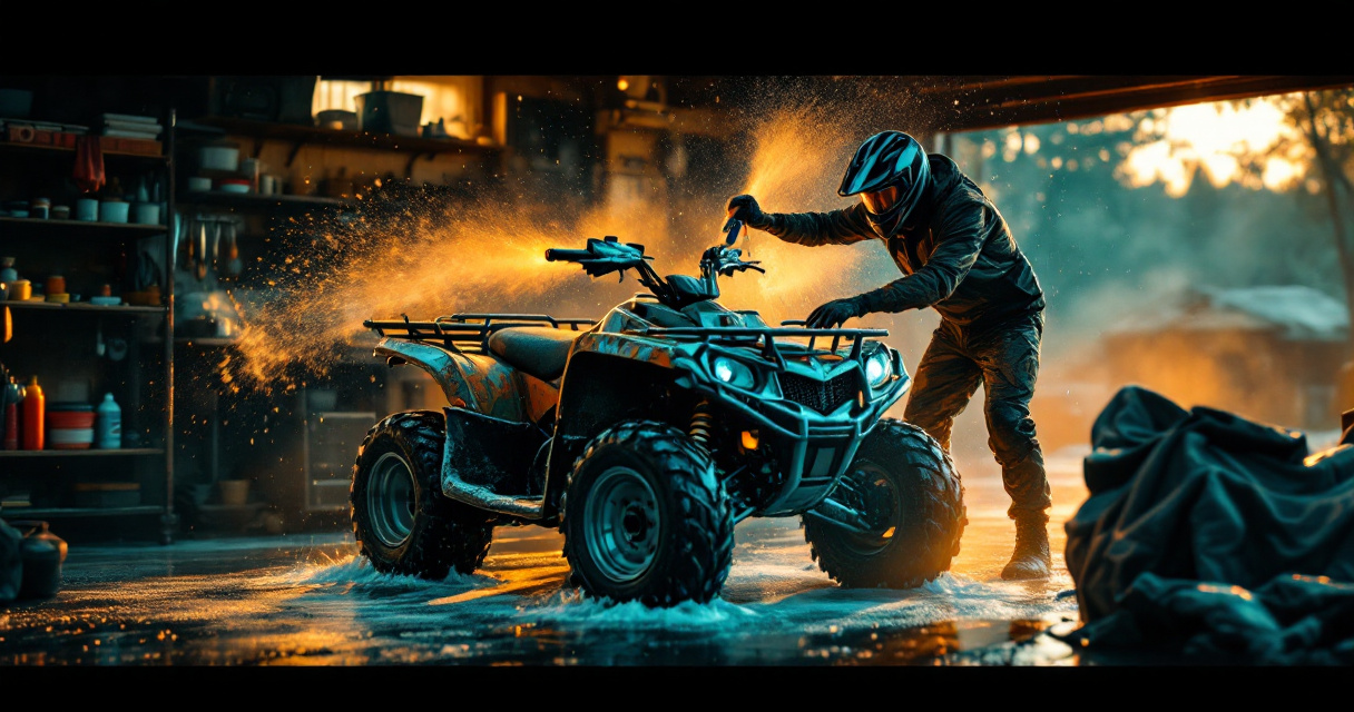 Post-ride ATV cleaning and chain lubrication beside a garage before storage