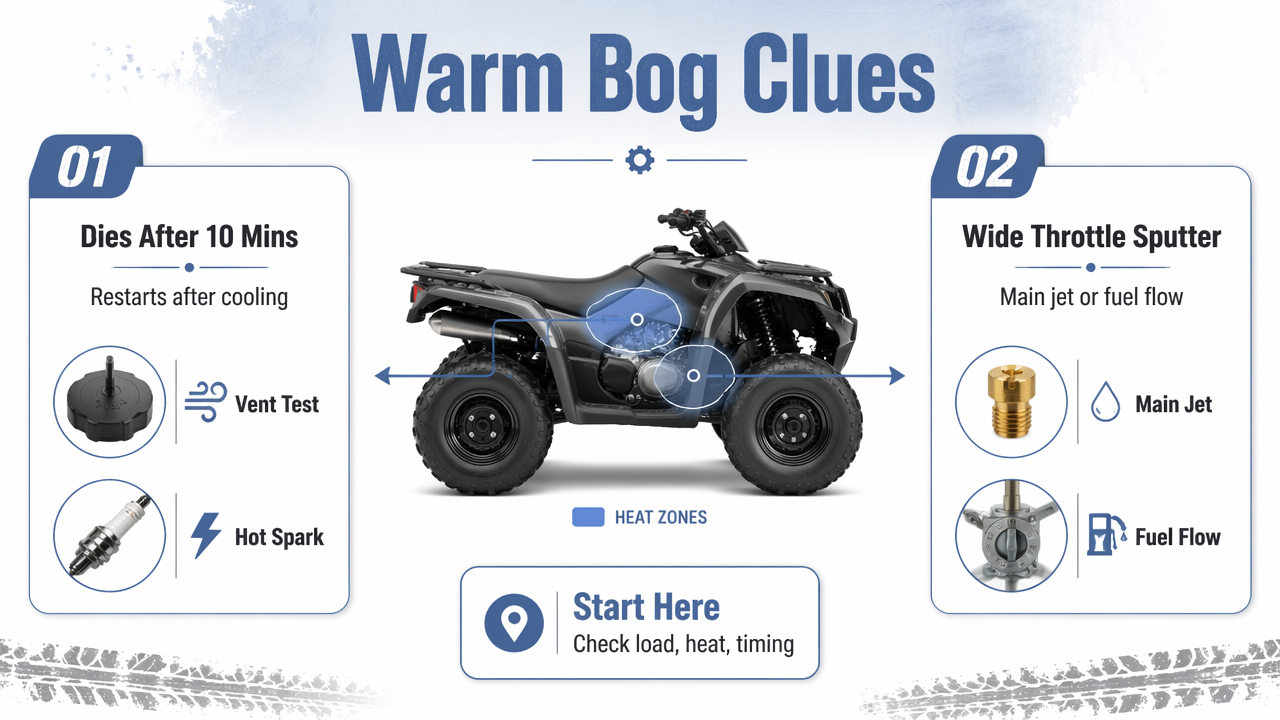 ATV warm-bog symptom chart linking heat-related symptoms to likely causes and first checks.