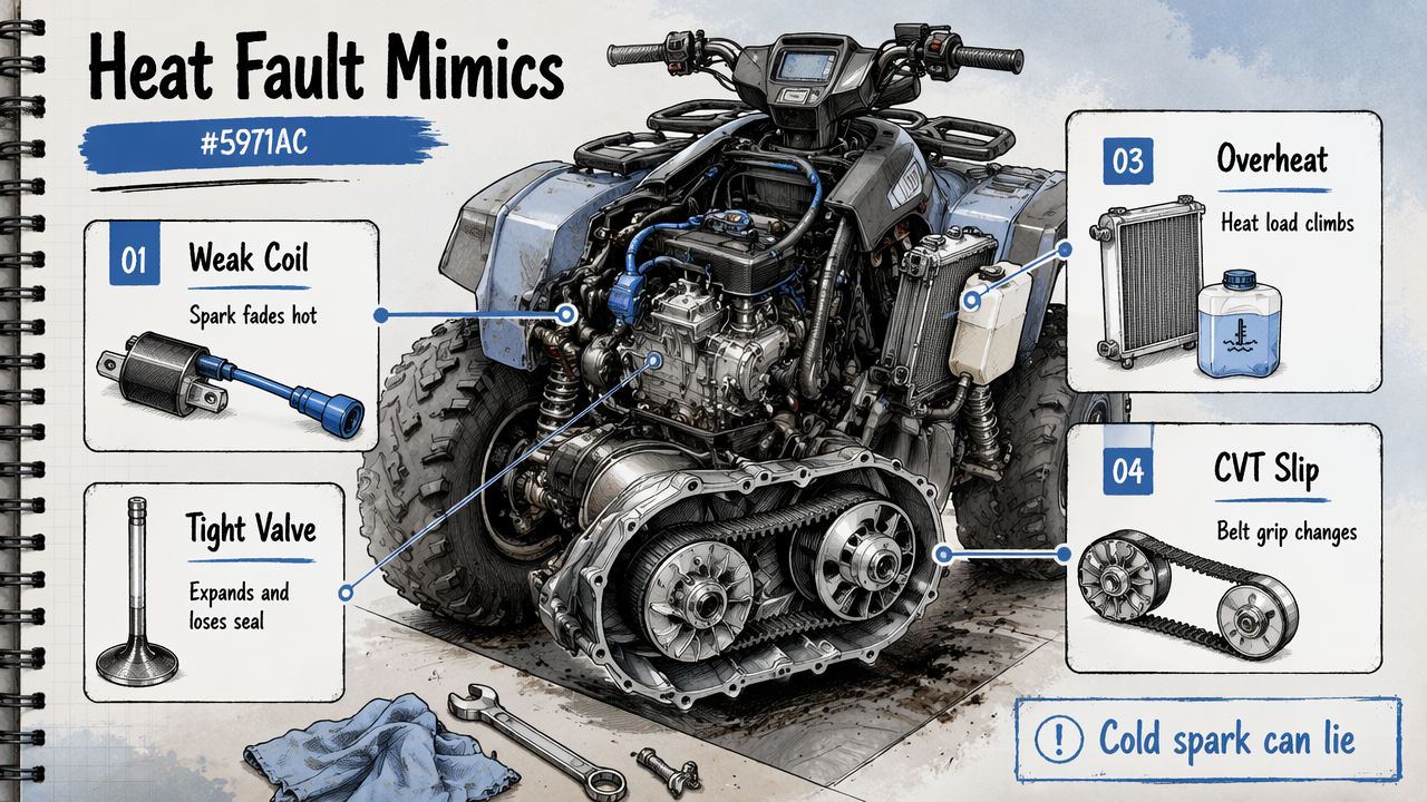 Annotated ATV engine diagram showing ignition, valve, cooling, and CVT faults that imitate fuel bogging.