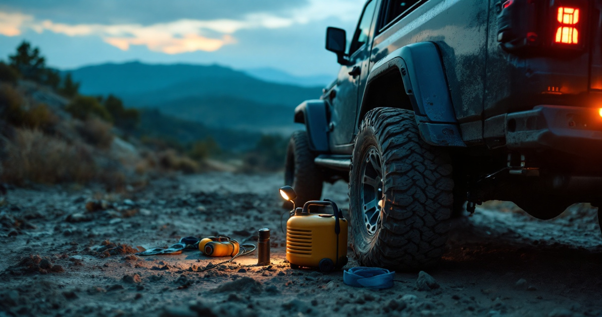 Pre-trip inspection of an off-road vehicle at a dusty trailhead before driving