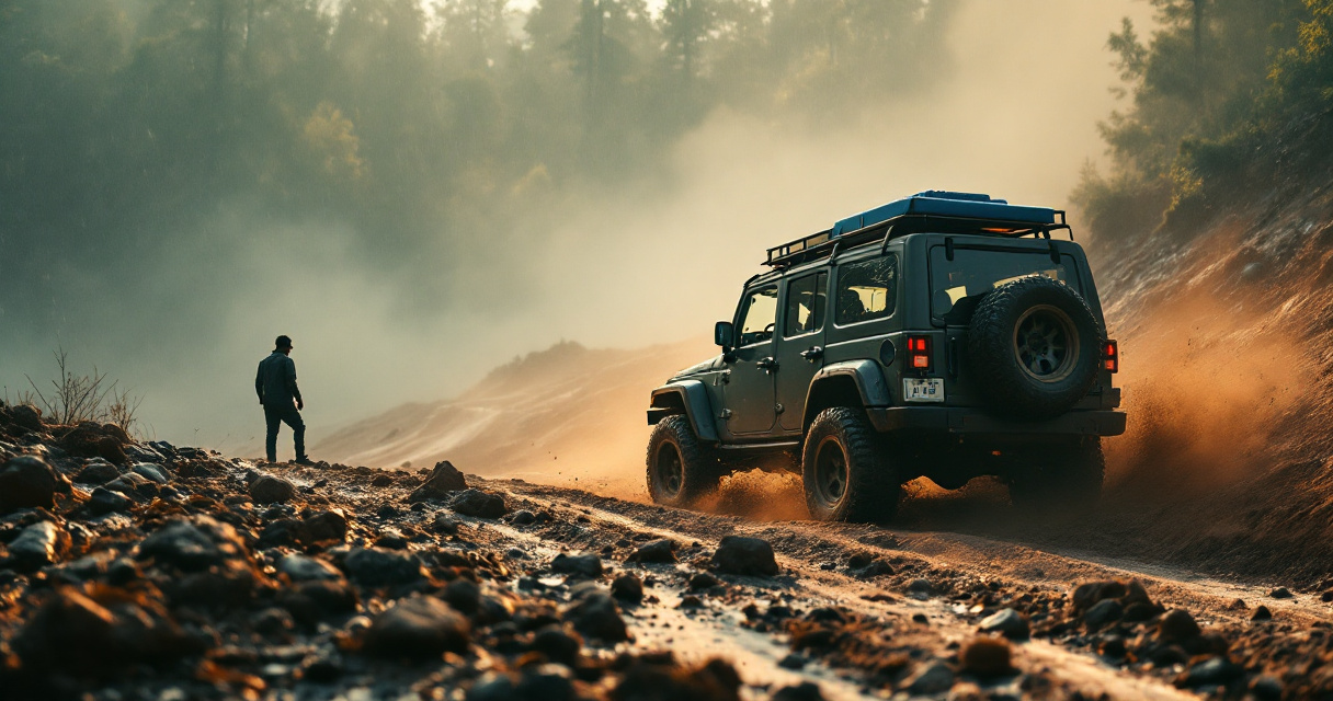 Off-road vehicle using careful driving technique on a muddy low-traction descent