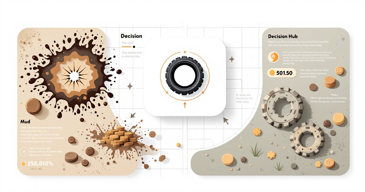 Infographic comparing off-road tire choices for mud, sand, and rocks with a central tire-selection hub and setup icons.