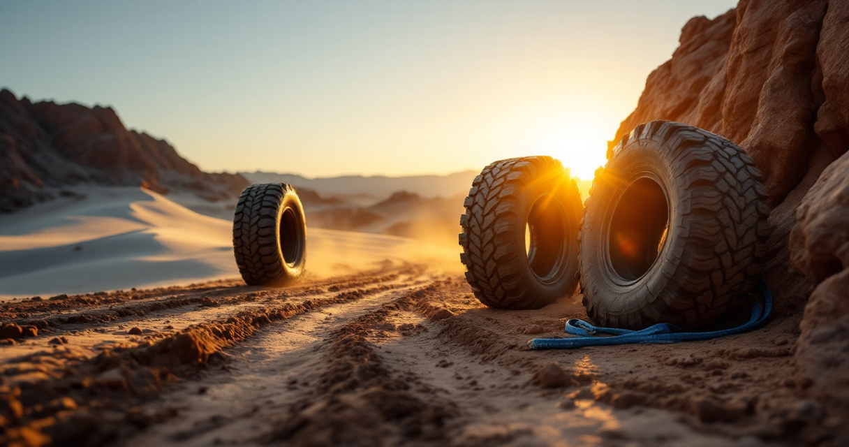 Three off-road tire types displayed on mud, sand, and rocks at a desert trailhead.