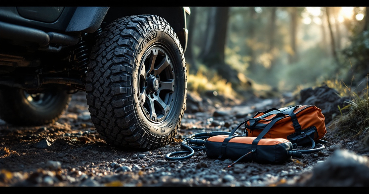 Driver airing down an off-road tire for safer performance on a rocky forest trail.