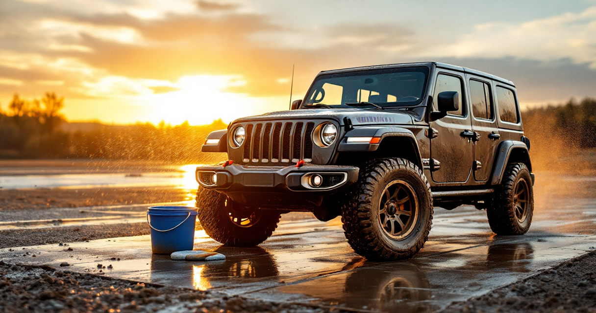 Top-to-bottom body wash on a muddy Jeep to protect paint after off-roading