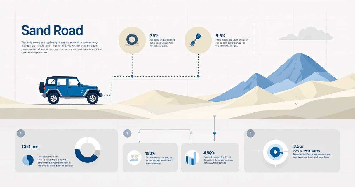 Wide flat-design infographic showing off-road sand dune driving basics with vehicle setup, smooth dune climbing, crest awareness, bog recovery steps, and safety gear icons.