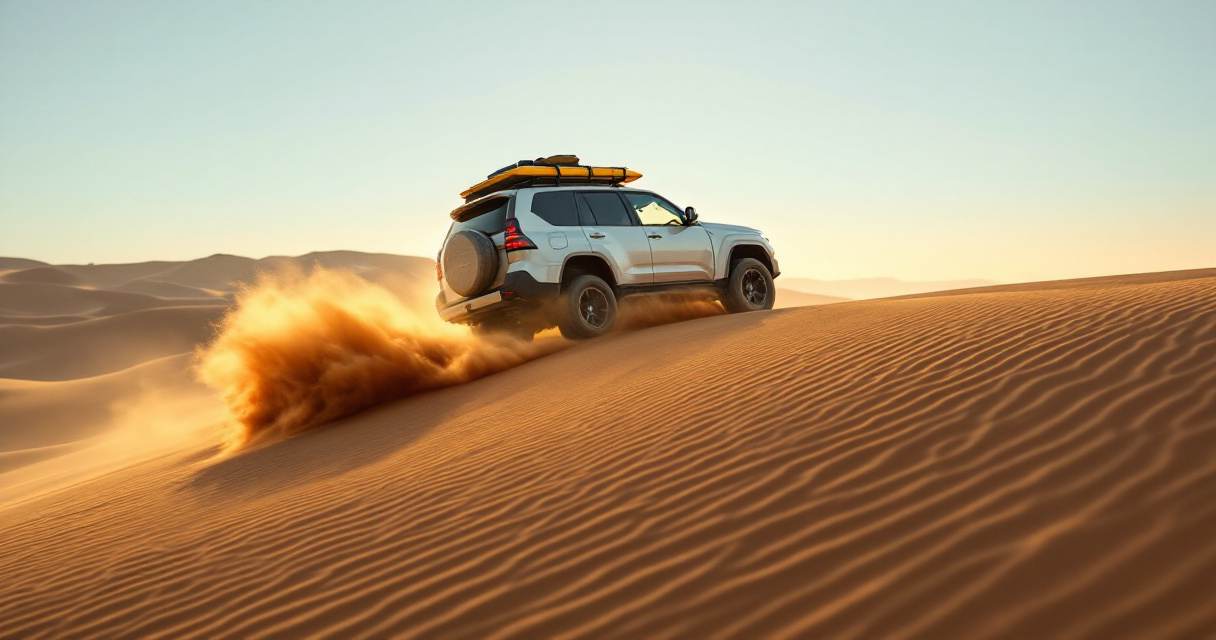 Off-road SUV using smooth momentum to crest a sand dune at sunrise