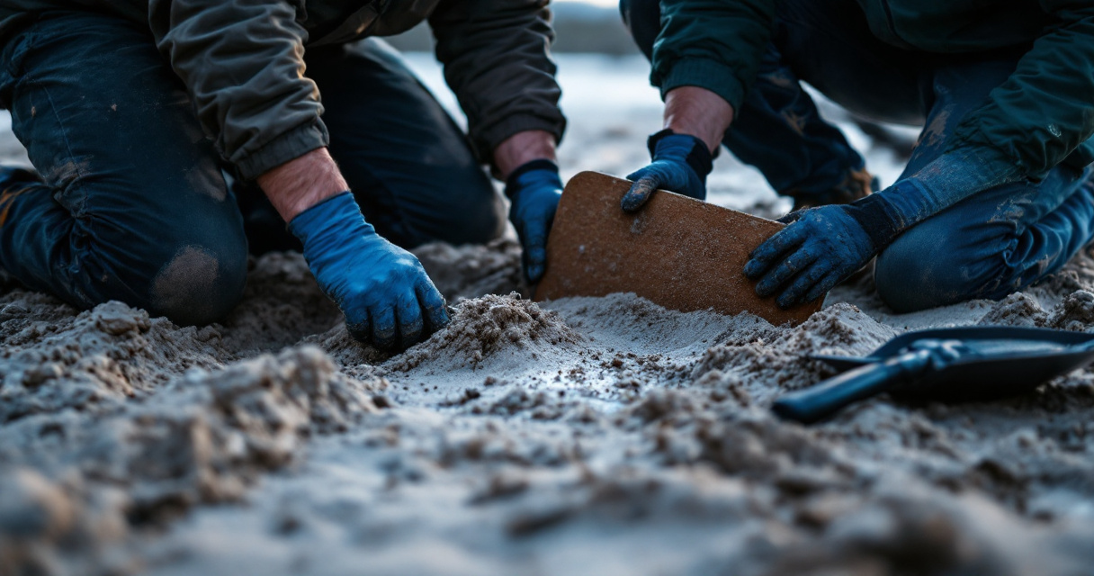 Hands placing a recovery board under a bogged tire in soft dune sand