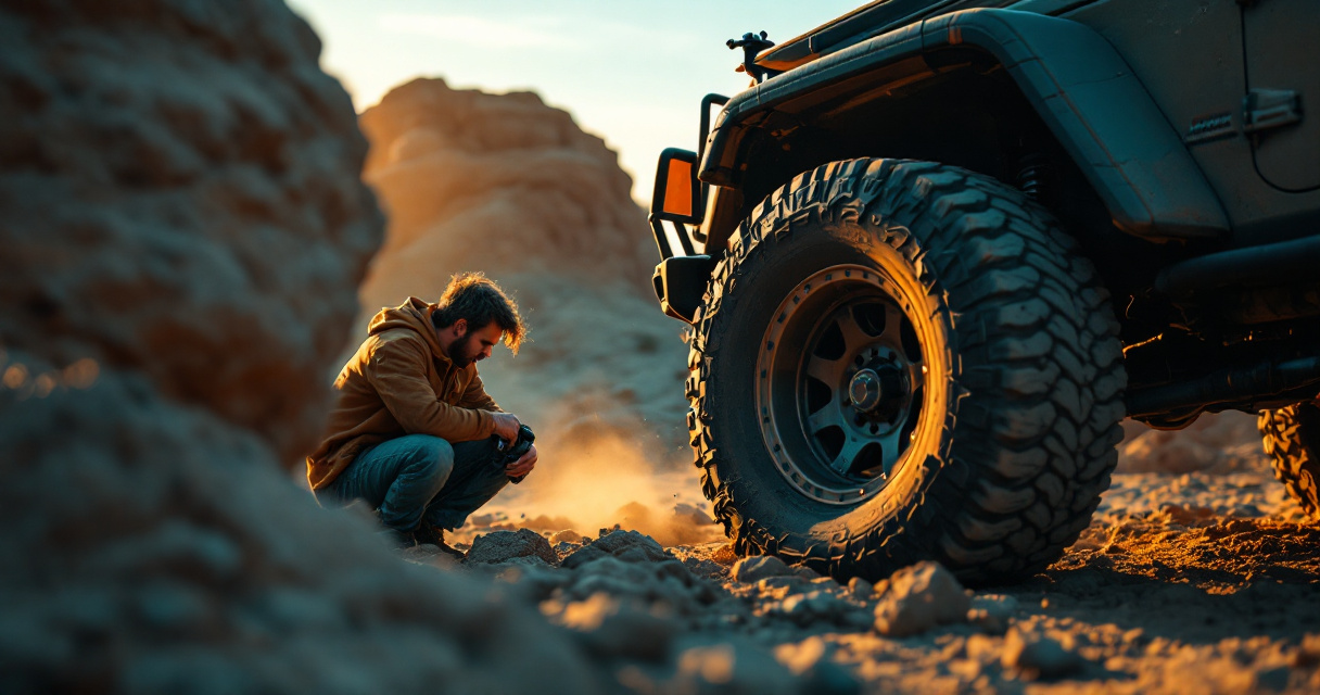 Low-angle Jeep tire and clearance check on rocky trail at dawn