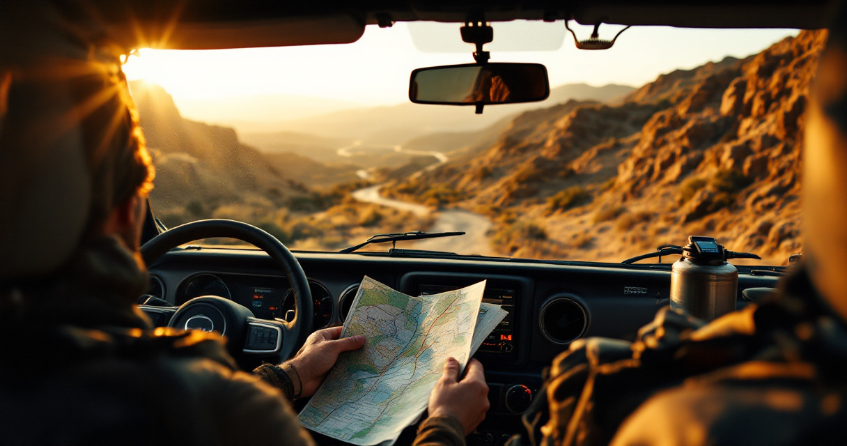 Over-the-shoulder trail planning scene inside Jeep at scenic overlook