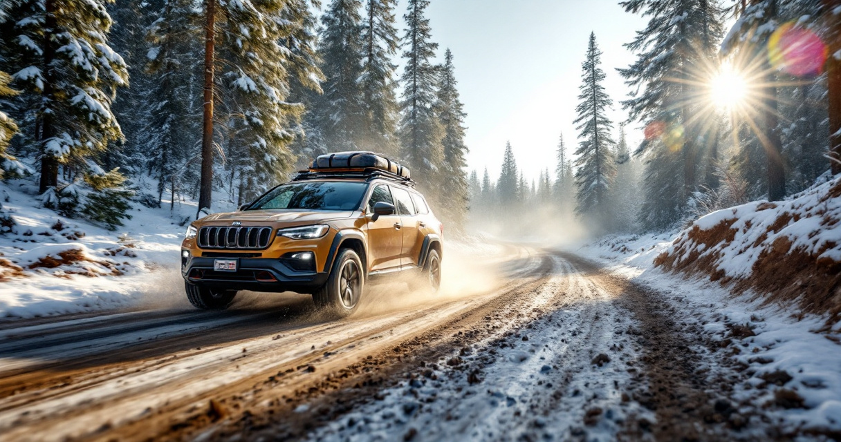 4x4 driving confidently on snowy dirt road with mild mud and sand patches