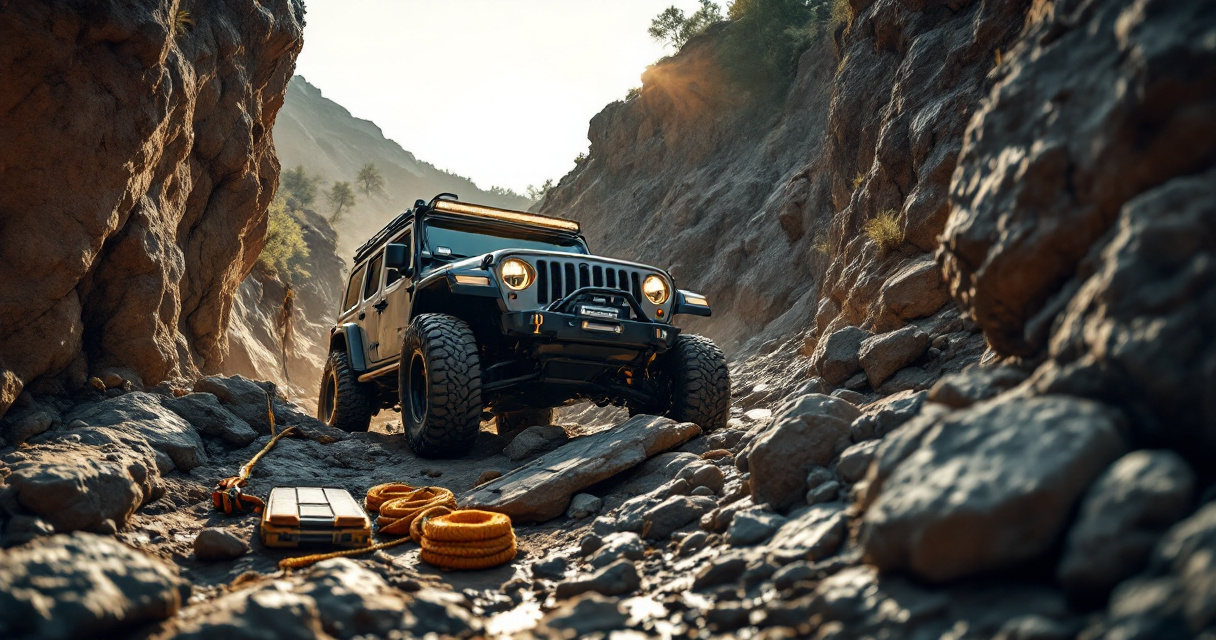Off-road SUV crawling over rocks beside steep muddy hill with recovery gear