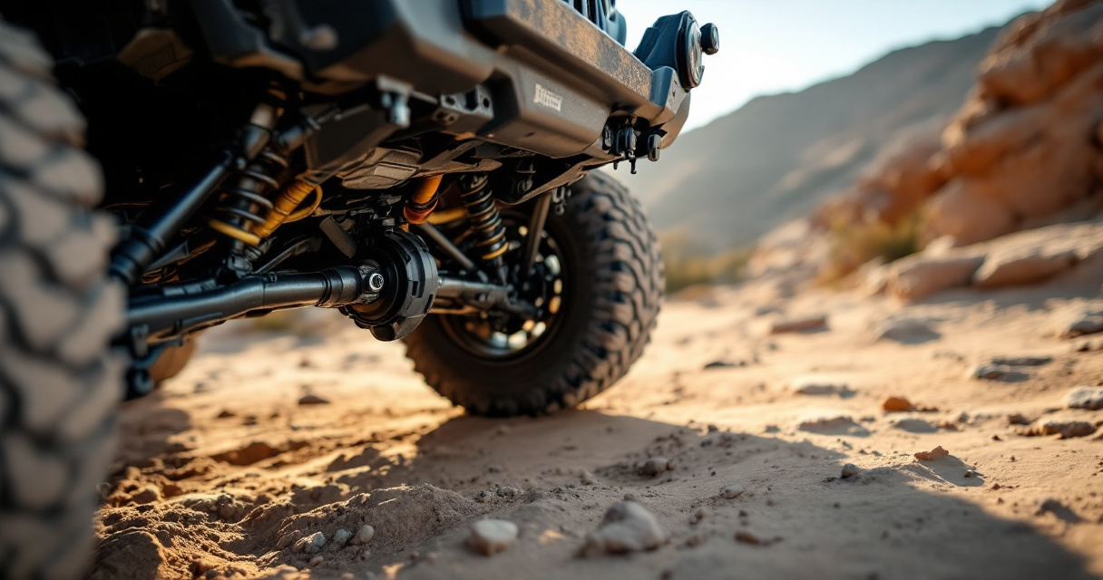Hands adjusting Jeep sway bar disconnect near front suspension on uneven trail terrain
