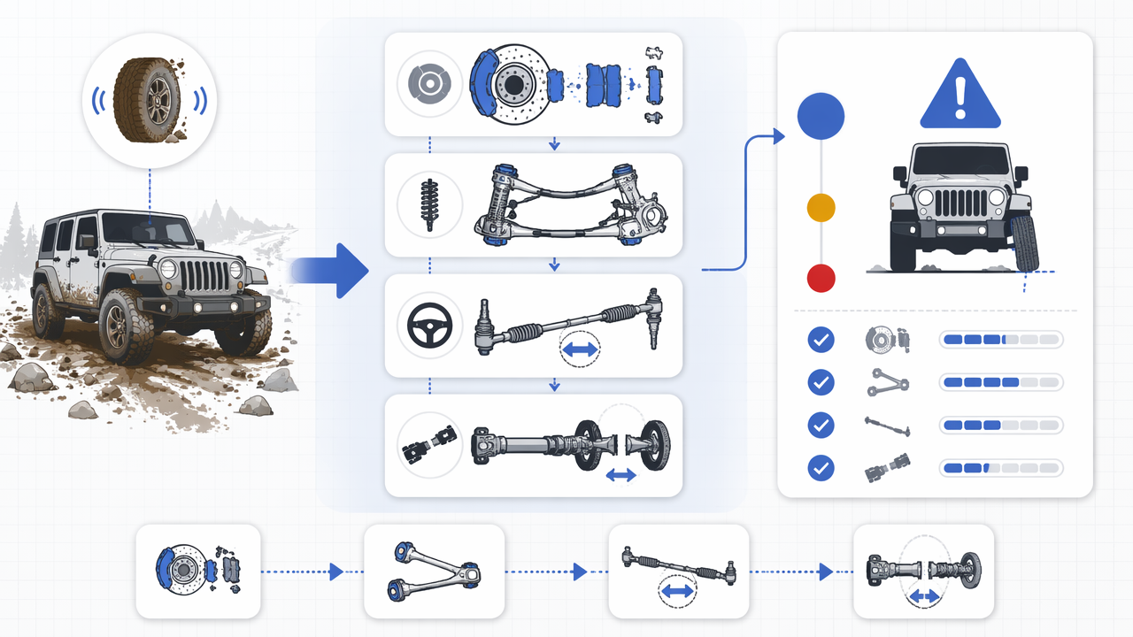 Infographic showing likely causes of a Jeep clunk when braking after off-road driving, with brake, suspension, steering, drivetrain checks, and a safety warning.