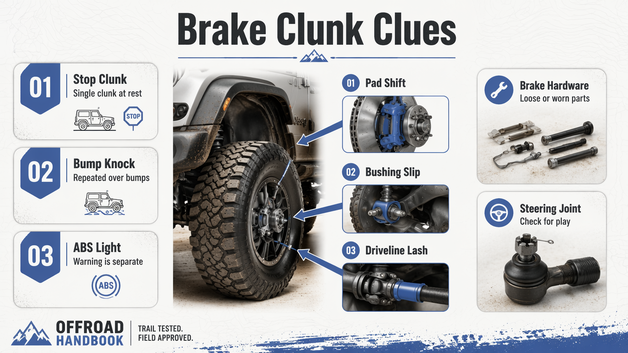 Infographic comparing Jeep brake, suspension, steering, and drivetrain clunk clues