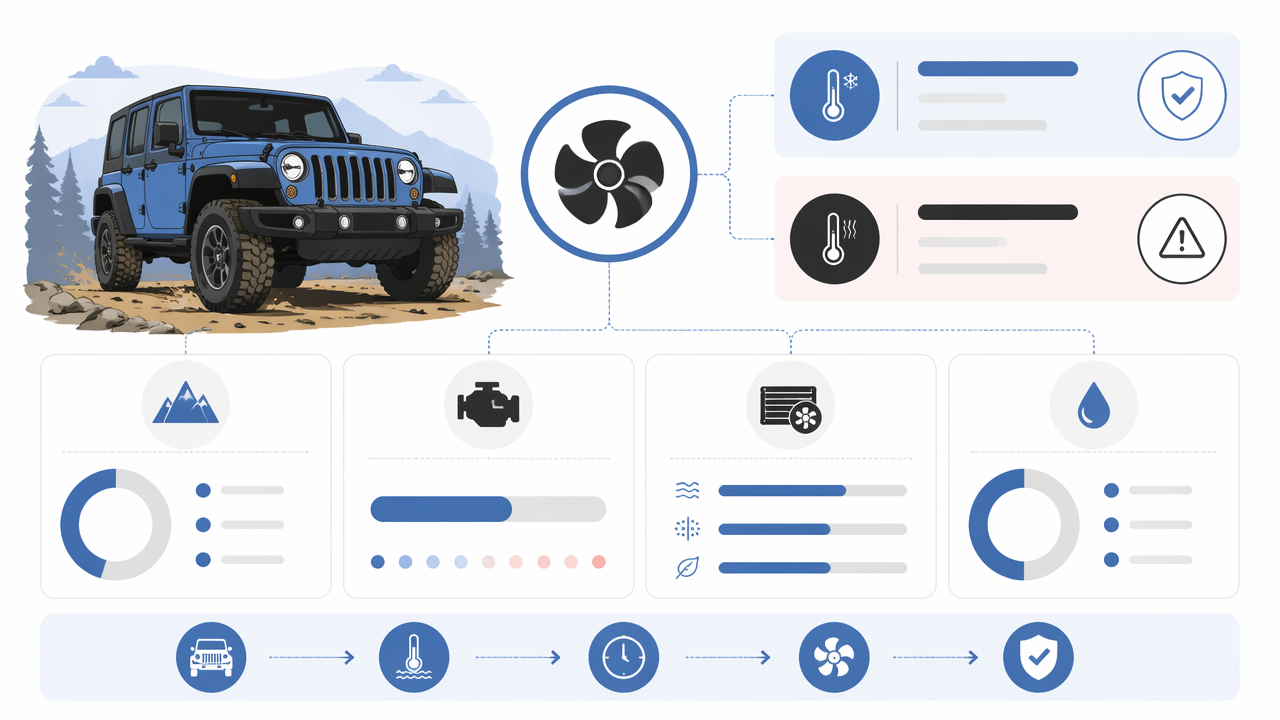 Infographic summarizing key insights about Jeep Fan Runs After Off Road: Normal Cool-Down or Cooling Problem?
