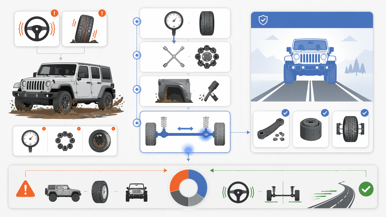 Infographic showing the first checks for a Jeep that feels loose after off-road driving, including tire pressure, lug nuts, mud buildup, steering linkage, track bar, and suspension inspection.