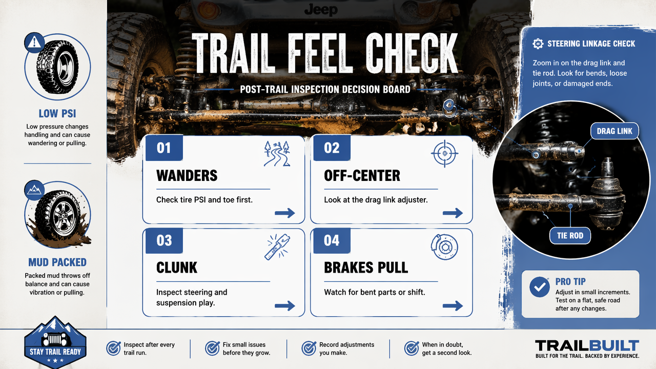 Infographic showing Jeep trail symptoms and the likely first checks after off-road driving.
