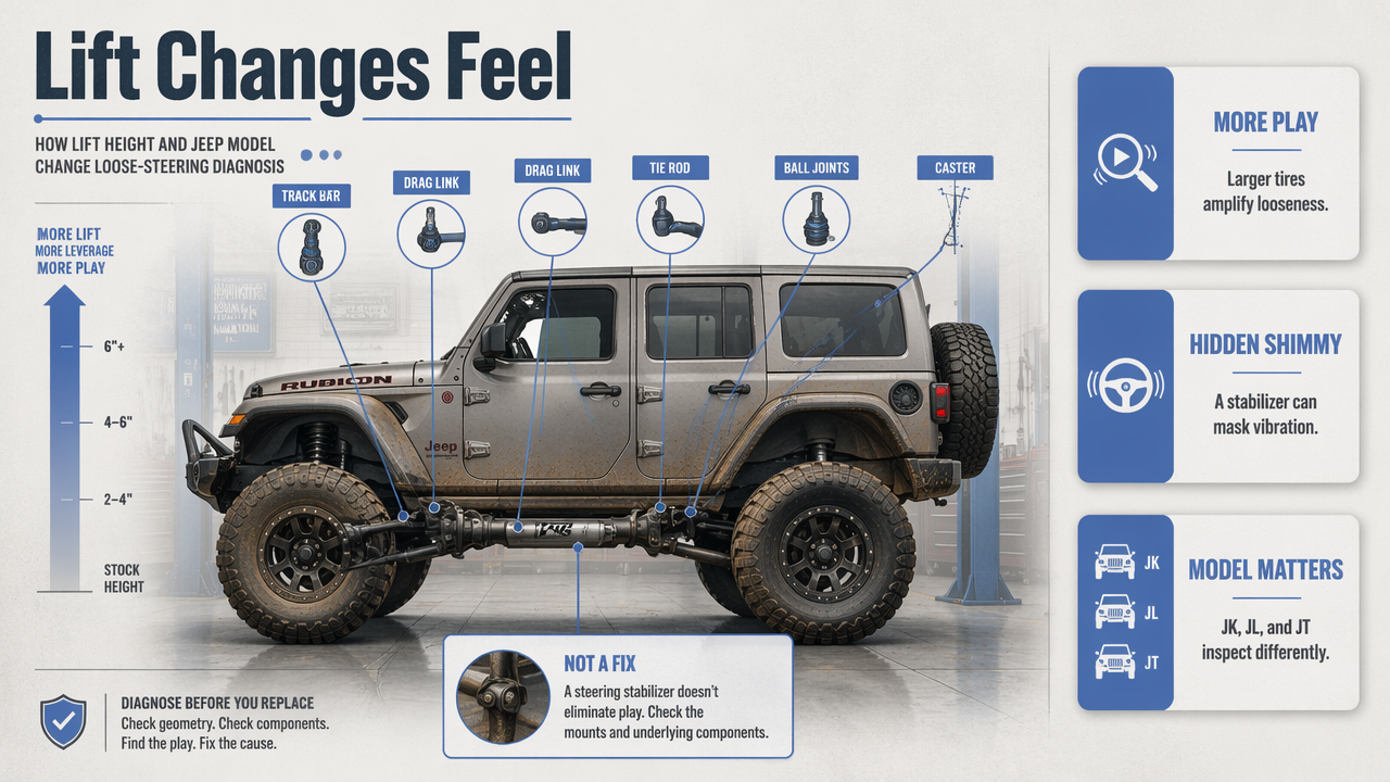 Annotated Jeep lift and suspension diagram showing why bigger tires and different models change steering diagnosis.