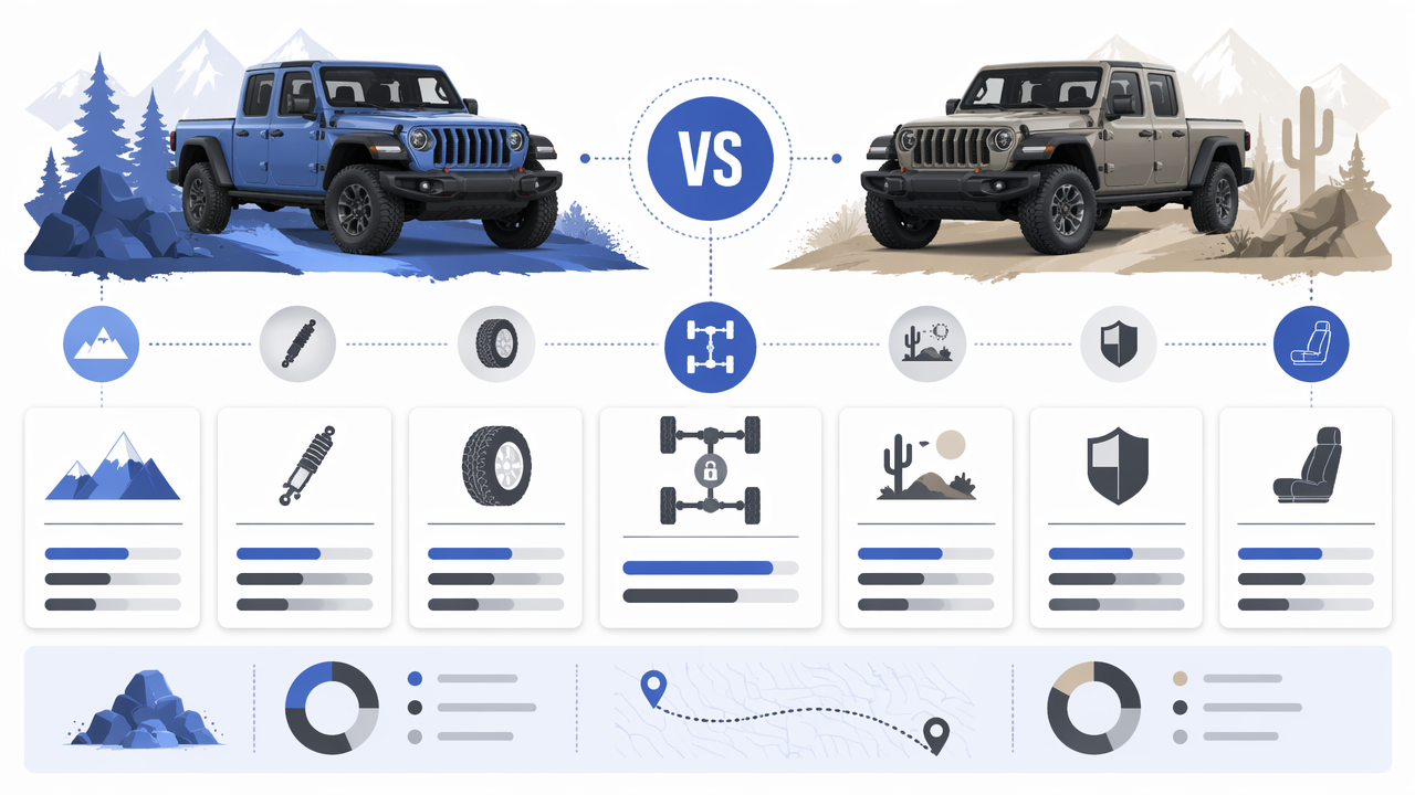 Infographic summarizing key insights about Jeep Gladiator Rubicon vs Mojave Off Road: Which Trim Fits the Trail?
