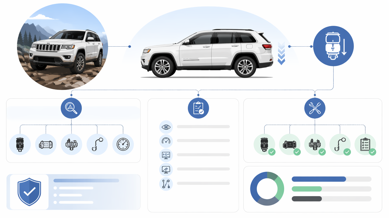 Infographic summarizing key insights about Jeep Grand Cherokee Air Suspension Drops After Off Road: Causes, Checks, and Fixes