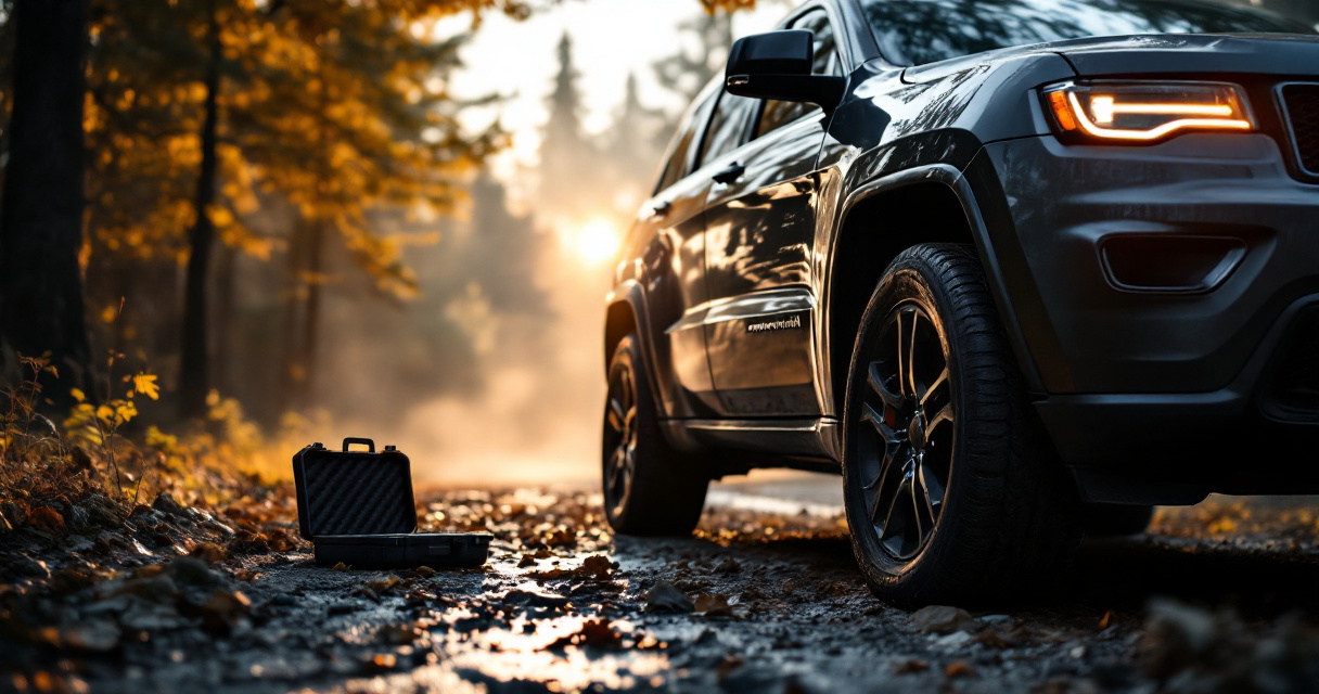Sagging Jeep Grand Cherokee air suspension being inspected on a gravel trail at dawn