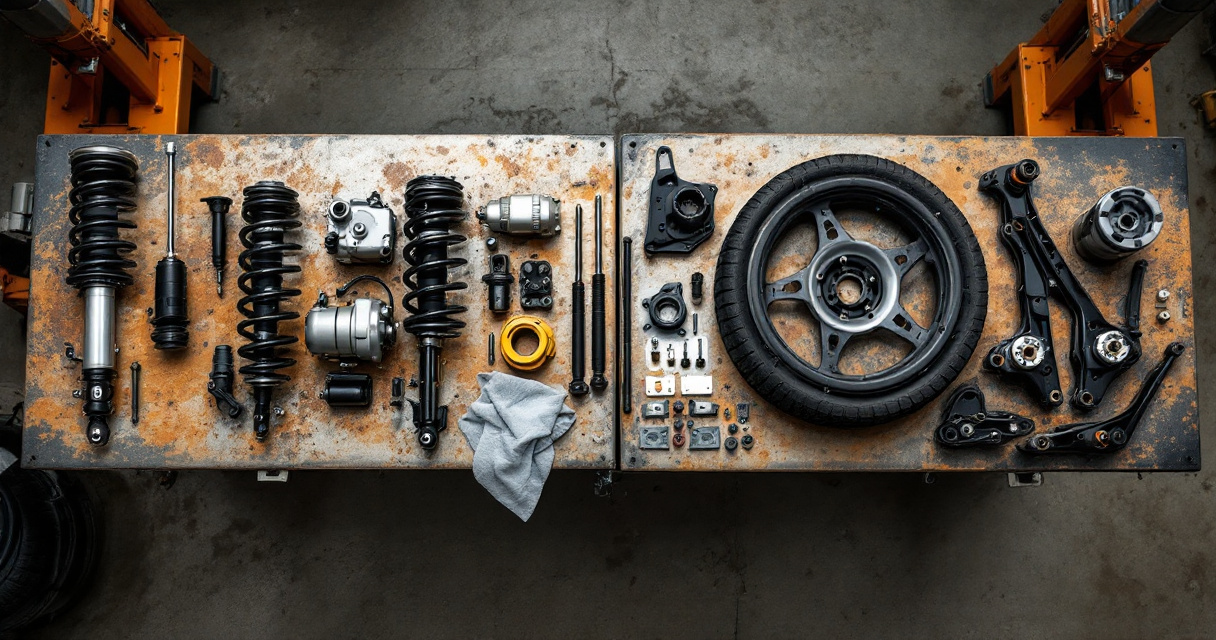 Jeep Grand Cherokee air strut parts beside coil conversion components in a repair shop