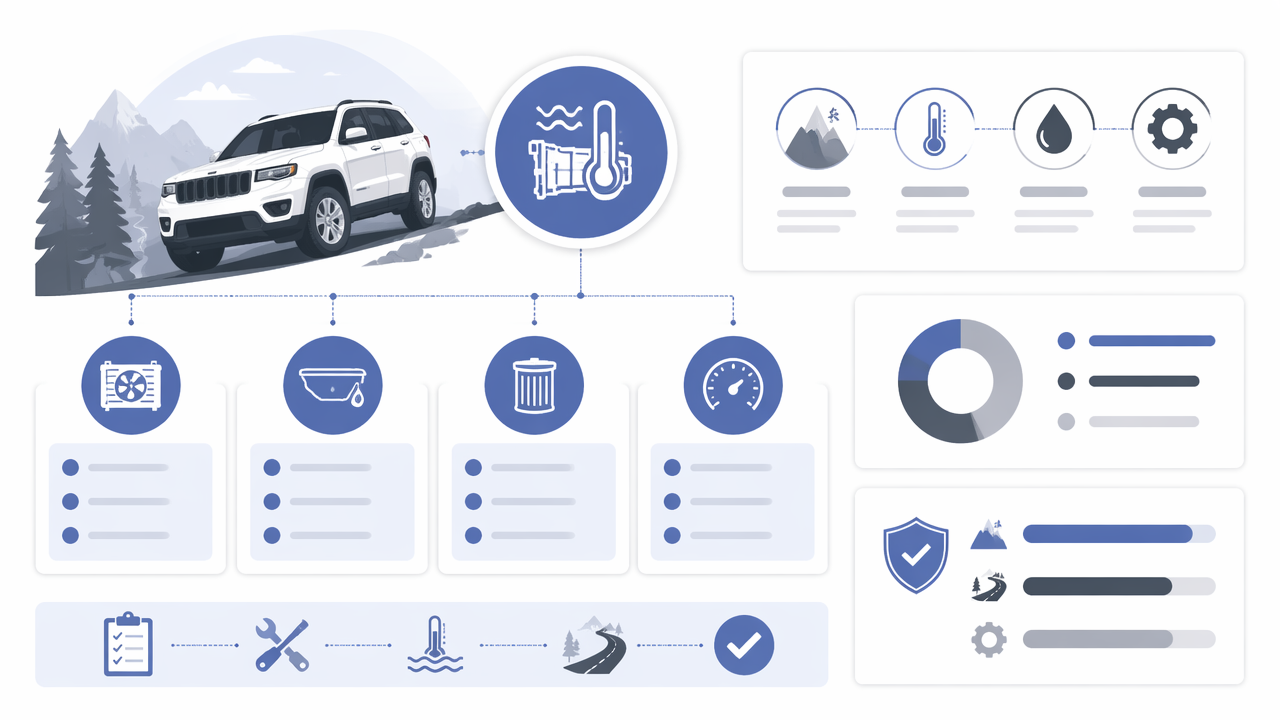 Infographic summarizing key insights about Jeep Grand Cherokee Transmission Over Temp After Hill: Causes, Safe Fixes, and Trail Advice
