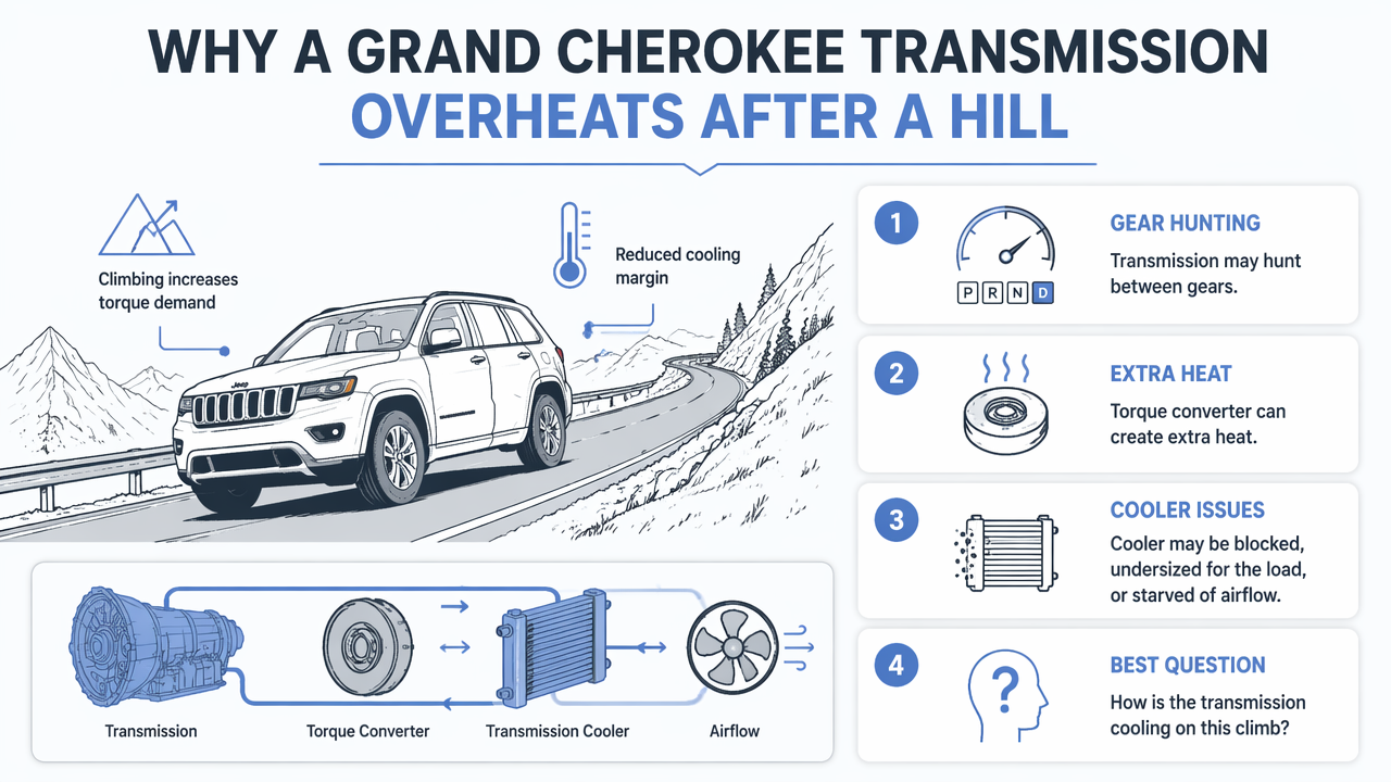 Illustration for Why does a Grand Cherokee overheat after a hill?