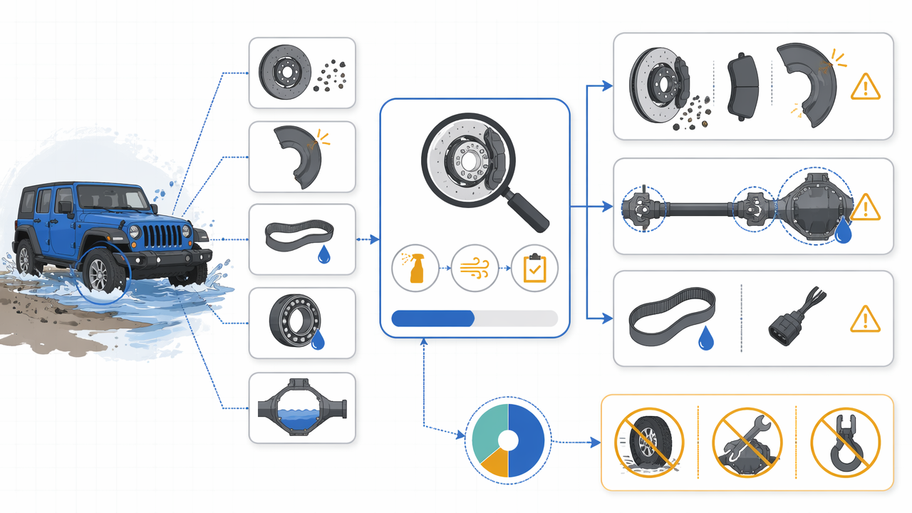 Infographic showing a Jeep after a water crossing with a diagnostic flow for grinding noise: clean and dry first, then check brakes, driveline, and electrical or belt issues.