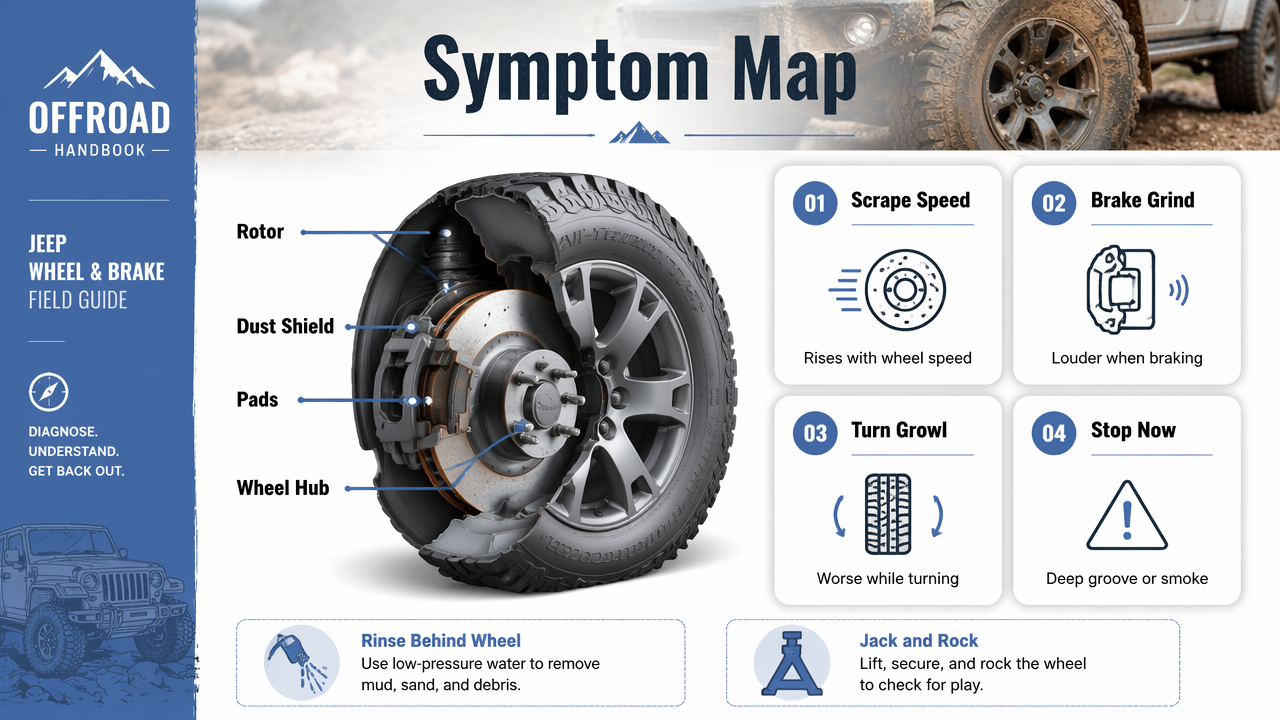 Symptom map showing where Jeep grinding noise after water crossing likely comes from.