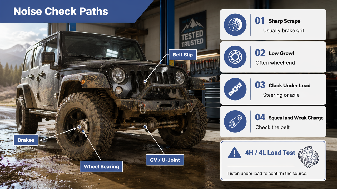 Annotated Jeep troubleshooting guide for brake, wheel bearing, drivetrain, and belt noise.