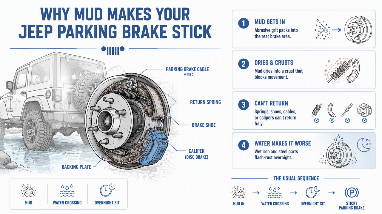 Illustration for Why can a Jeep parking brake get stuck after mud?