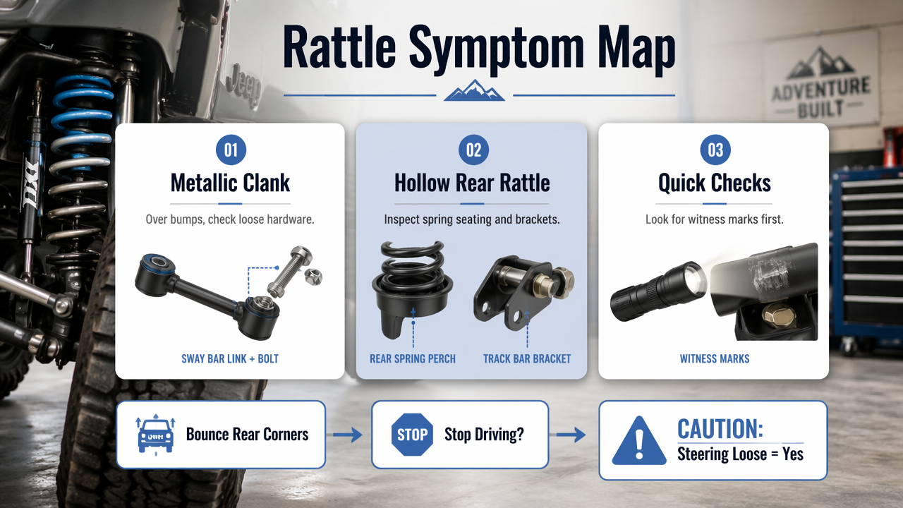 Infographic mapping Jeep lift-kit rattle symptoms to likely suspension causes and quick checks.
