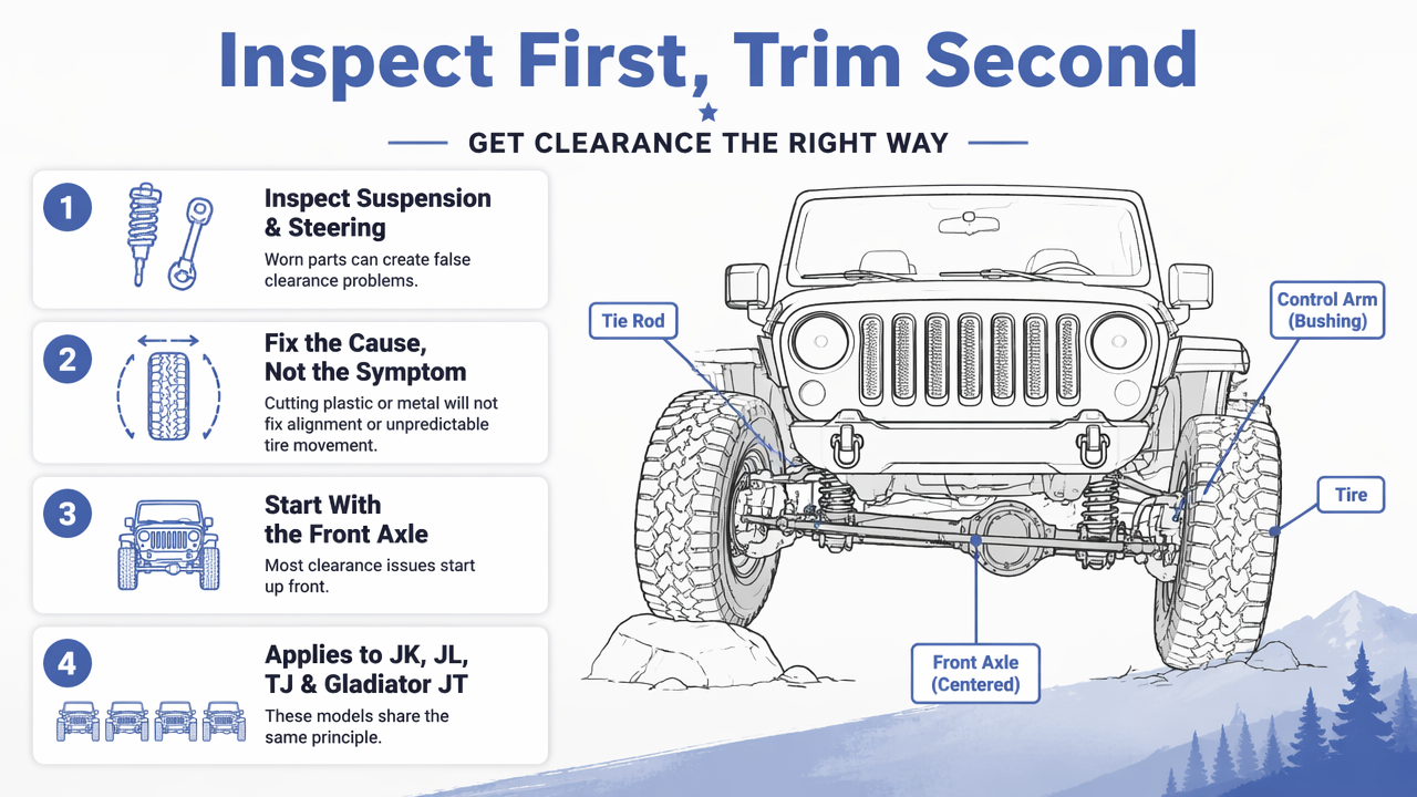 Illustration for Which parts should be checked before trimming or adding more lift?