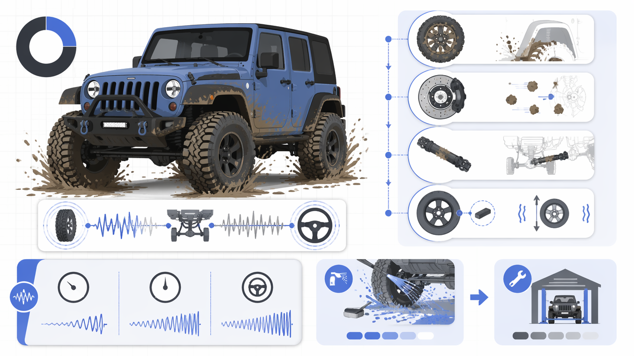 Infographic showing common causes of a Jeep shaking after mud, with diagnostic icons for mud in wheels, brake debris, driveshaft mud, missing wheel weights, and cleaning steps first.
