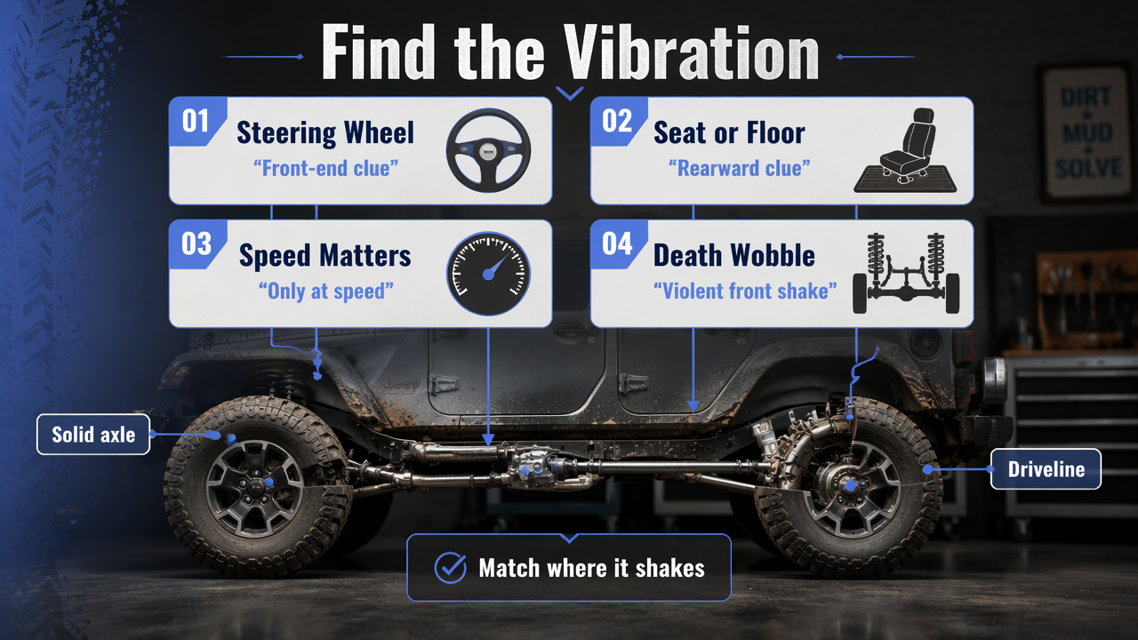 Infographic showing whether Jeep vibration after mud is felt in the steering wheel, seat, or floor.