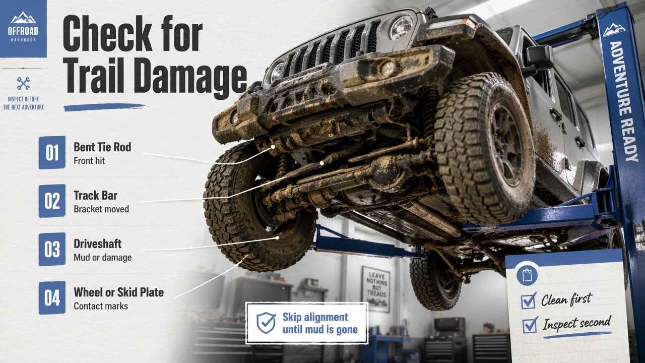 Annotated Jeep underbody showing bent tie rod, track bar, driveshaft, wheel, and skid plate trail damage checks.