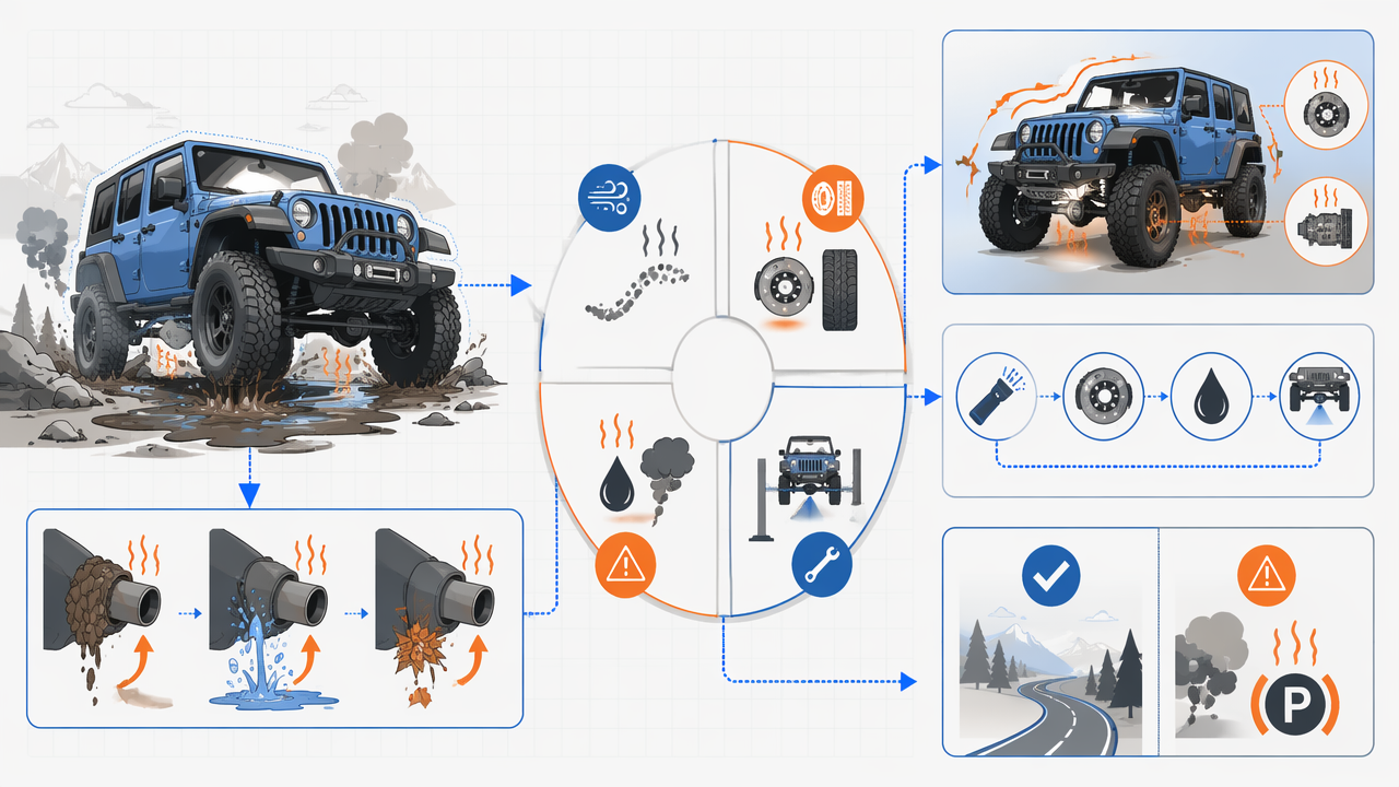 An infographic showing why a Jeep may smell burnt after off-road driving, when it is normal, warning signs that mean stop, and how to inspect it before driving on the highway.