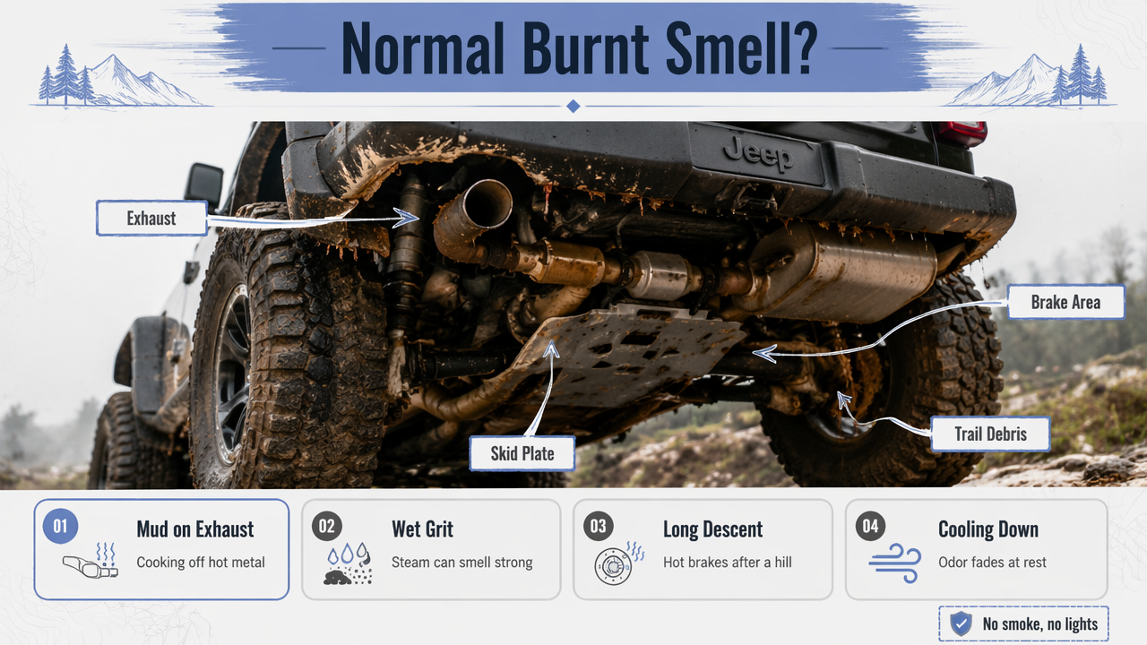 Annotated Jeep undercarriage diagram showing normal burnt smells from mud, exhaust, and hot brakes.