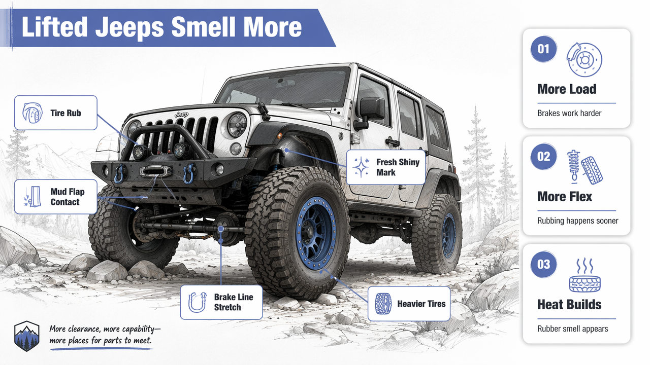 Annotated lifted Jeep diagram showing tire rub, brake line stretch, and heavier tire heat causes.