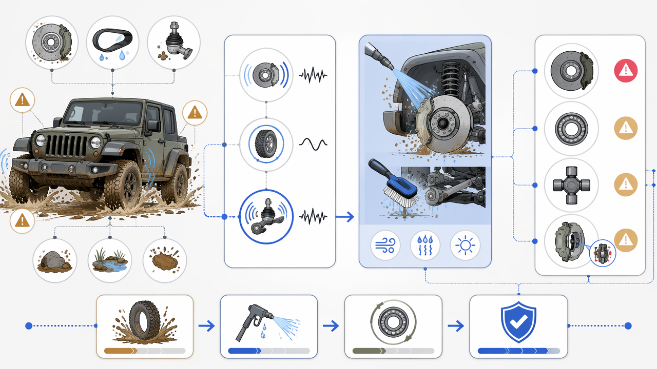 Infographic showing a muddy Jeep squeak diagnosis flow: contamination, squeak patterns, cleaning, and inspection of brakes, bearings, U-joints, and suspension.
