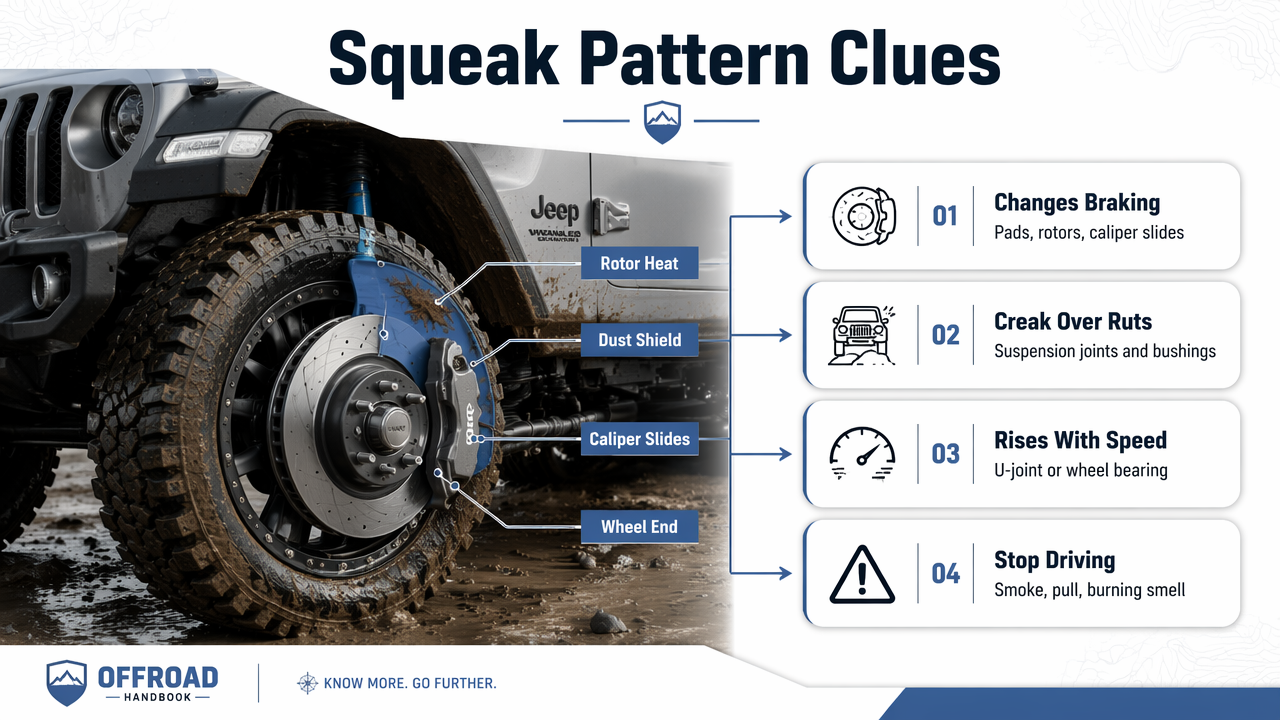 Annotated Jeep wheel diagram showing brake, suspension, and wheel-end squeak clues after mud.