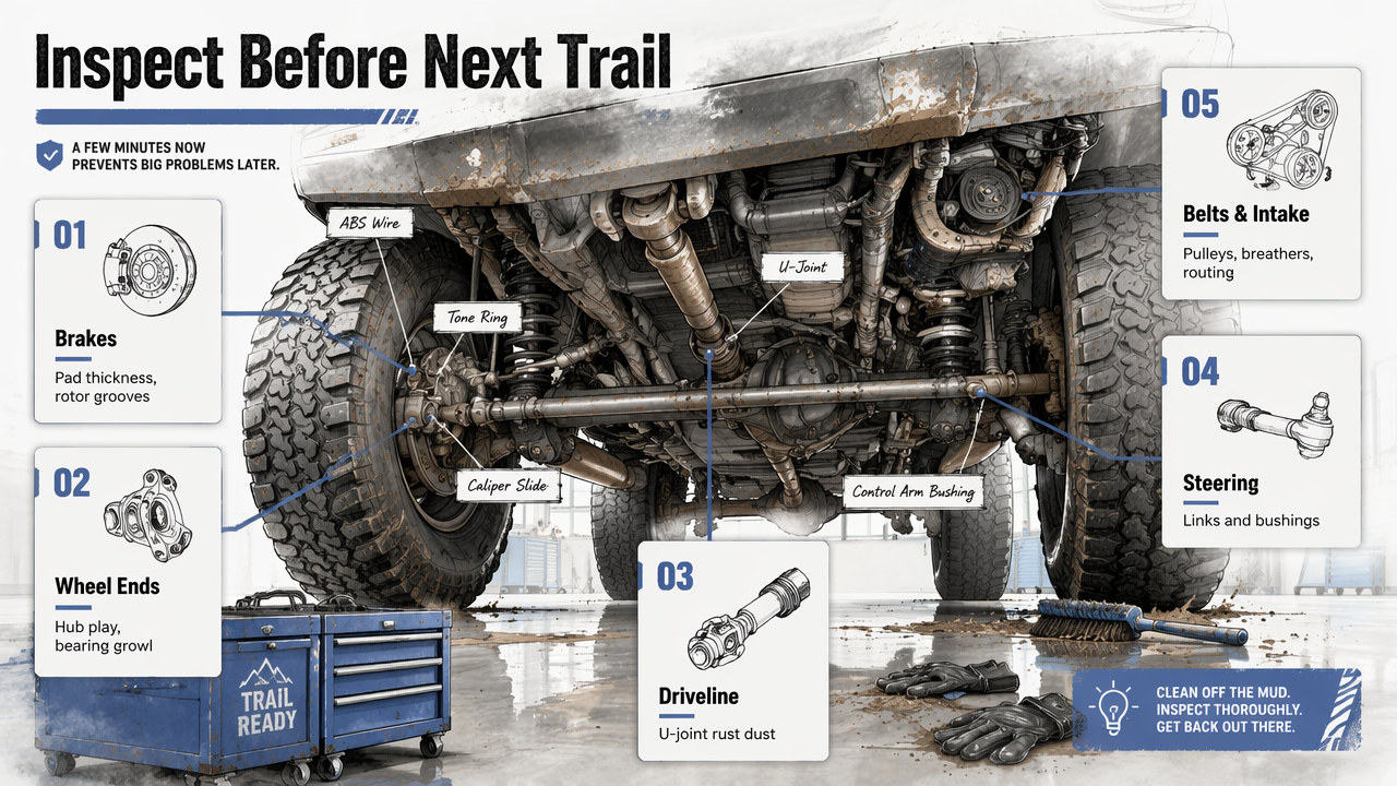 Annotated underbody Jeep inspection diagram for brakes, wheel ends, driveline, steering, and belts.