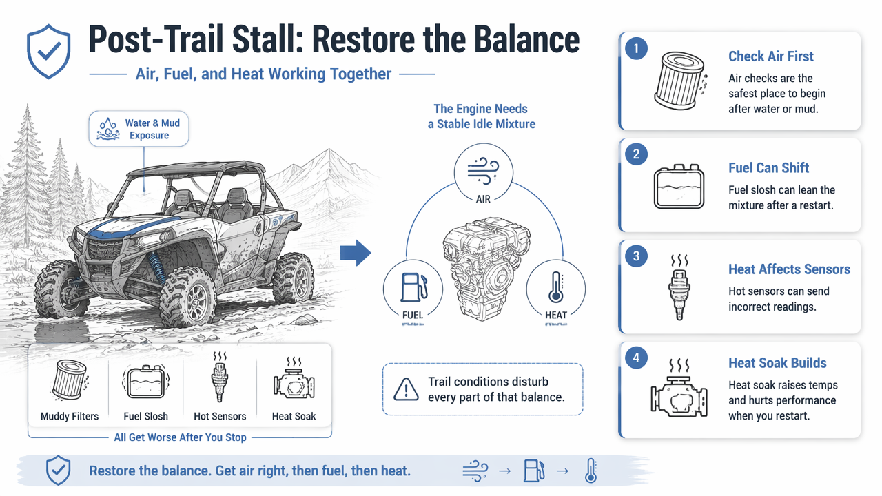 Illustration for How can air, fuel, and heat make the Jeep stall after stopping?