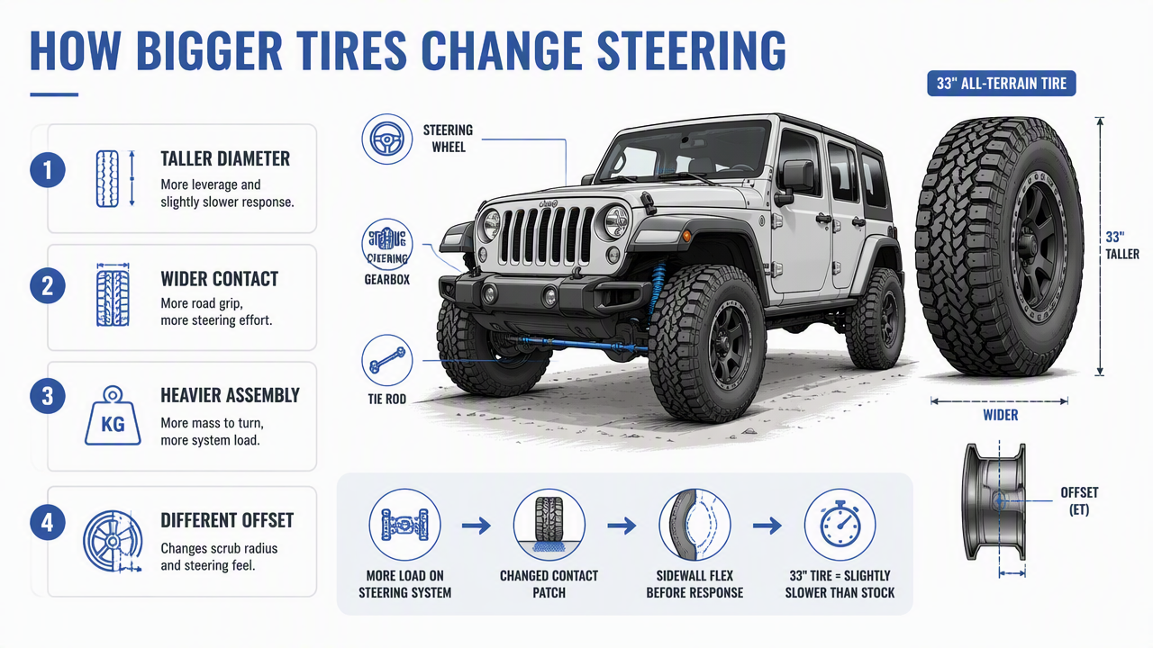 Illustration for Why bigger tires change Jeep steering feel