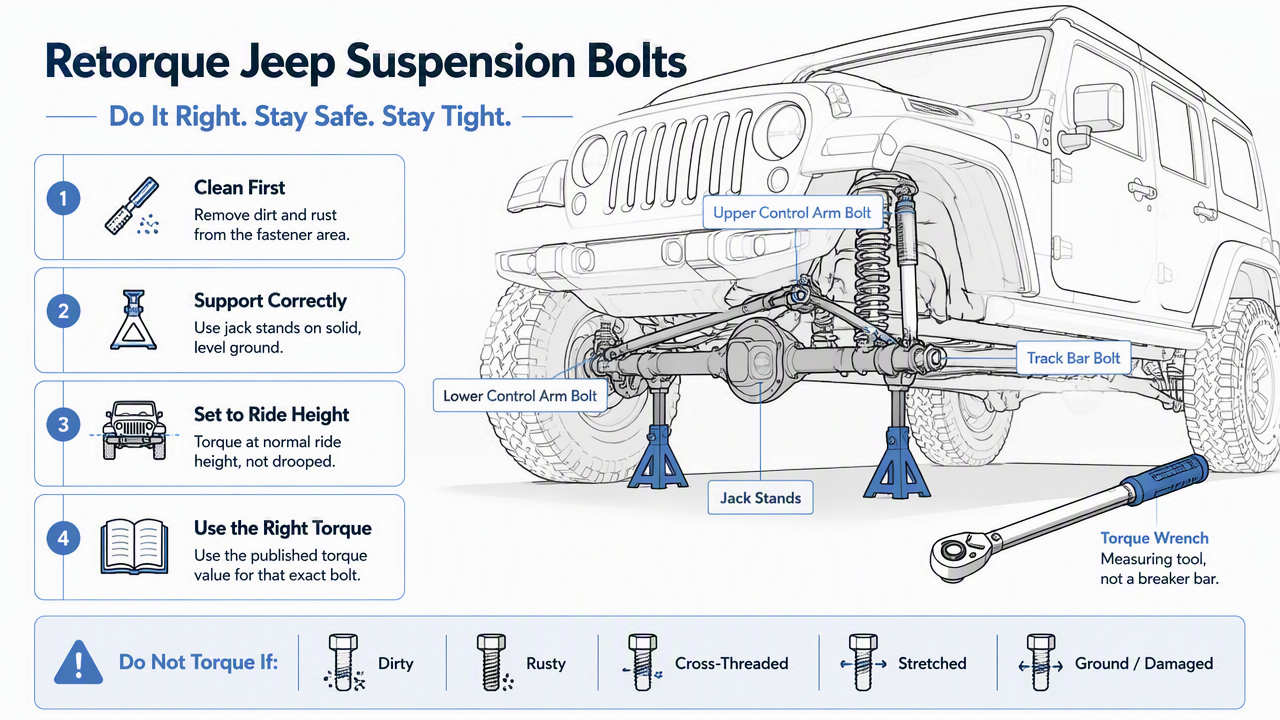 Illustration for How do you retorque Jeep suspension bolts safely?