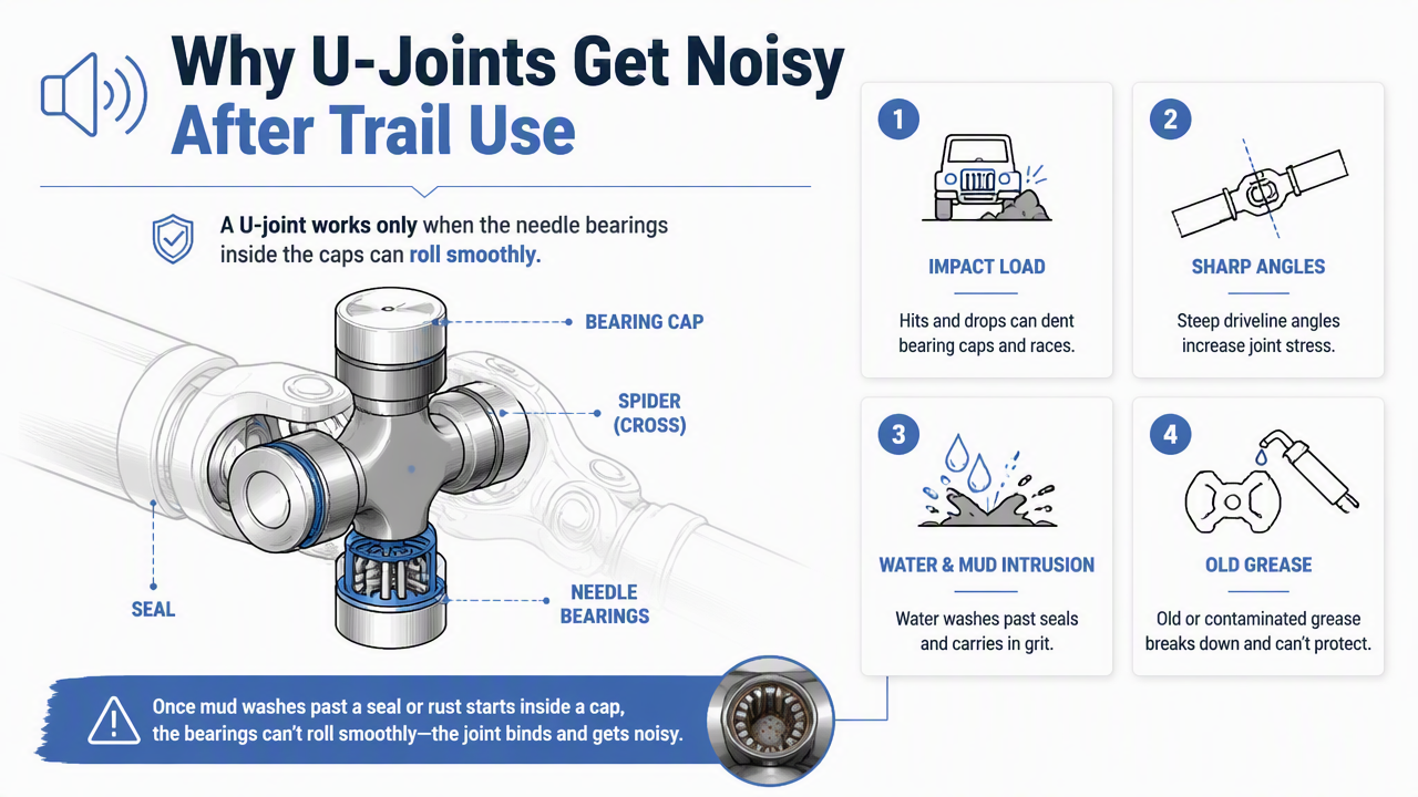 Illustration for Why do U-joints get noisy after mud, rocks, or water?