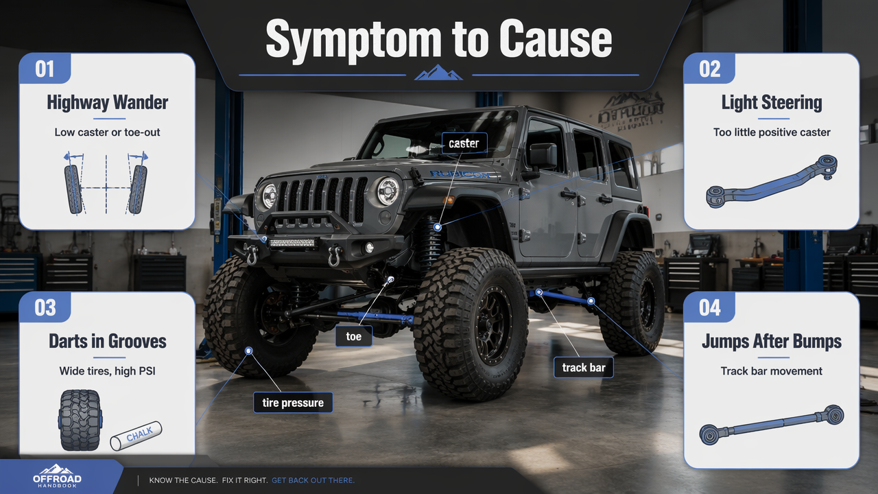 Infographic showing Jeep wandering symptoms mapped to likely suspension causes after a lift.